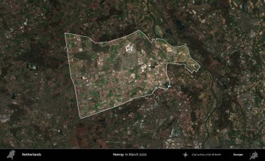 Venray. Hollanda 'nın idari alanı, Mart 2020' de çekilen Kopernik Sentinel karolarından oluşan koyu renkli bir uydu görüntüsü üzerinde vurgulandı ve özetlendi.