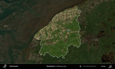 Waadhoeke. Hollanda 'nın idari alanı, Şubat 2019' da çekilen Kopernik Sentinel karolarından oluşan koyu renkli bir uydu görüntüsü üzerinde vurgulandı ve özetlendi.