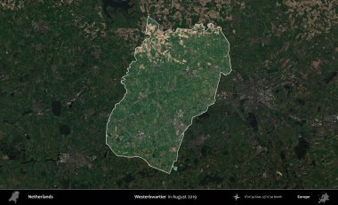 Daha batılı. Hollanda 'nın idari alanı, Ağustos 2019' da çekilen Kopernik Sentinel karolarından oluşan koyu renkli bir uydu görüntüsü üzerinde vurgulandı ve özetlendi.