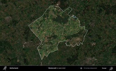 Batı yakası. Hollanda 'nın idari alanı, Haziran 2020' de çekilen Kopernik Sentinel karolarından oluşan koyu renkli bir uydu görüntüsü üzerine vurgulandı ve özetlendi.