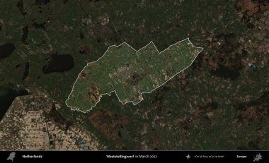 Weststellingwerf. Hollanda 'nın idari alanı, Mart 2022' de çekilen Kopernik Sentinel karolarından oluşan koyu renkli bir uydu görüntüsü üzerine vurgulandı ve özetlendi.