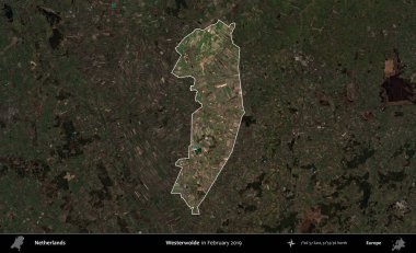 Batı Kurdu. Hollanda 'nın idari alanı, Şubat 2019' da çekilen Kopernik Sentinel karolarından oluşan koyu renkli bir uydu görüntüsü üzerinde vurgulandı ve özetlendi.