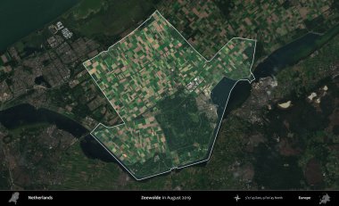Zeewolde. Hollanda 'nın idari alanı, Ağustos 2019' da çekilen Kopernik Sentinel karolarından oluşan koyu renkli bir uydu görüntüsü üzerinde vurgulandı ve özetlendi.