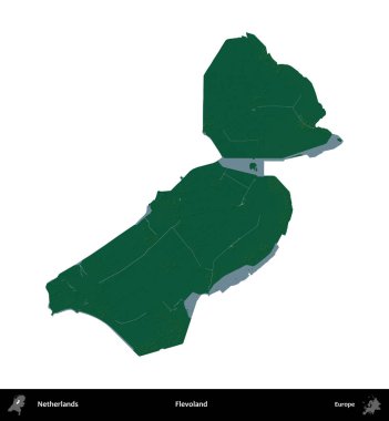 Flevoland. Hollanda 'nın idari bölgesi renkli bir yükseklik haritasında beyaz üzerine izole edilmiş