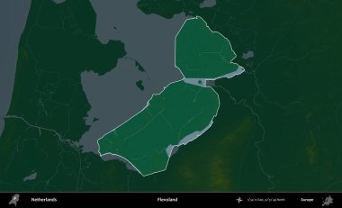 Flevoland. Hollanda 'nın idari alanı koyu renkli bir yükseklik haritasına vurgulandı ve özetlendi