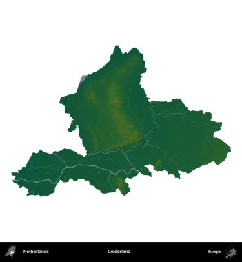 Gelderland. Hollanda 'nın idari bölgesi renkli bir yükseklik haritasında beyaz üzerine izole edilmiş