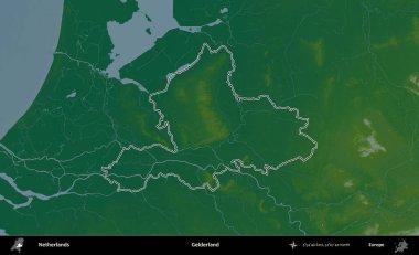 Gelderland. Hollanda 'nın idari bölgesi renkli bir yükseklik haritasında özetlendi