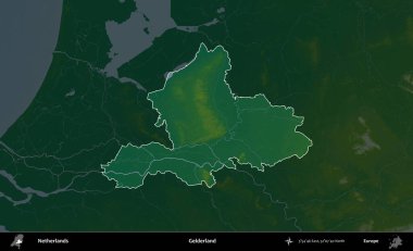 Gelderland. Hollanda 'nın idari alanı koyu renkli bir yükseklik haritasına vurgulandı ve özetlendi