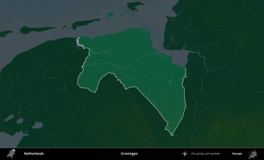 Groningen. Hollanda 'nın idari alanı koyu renkli bir yükseklik haritasına vurgulandı ve özetlendi