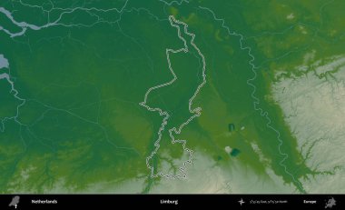 Limburg. Hollanda 'nın idari bölgesi renkli bir yükseklik haritasında özetlendi
