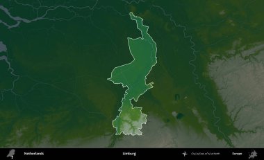 Limburg. Hollanda 'nın idari alanı koyu renkli bir yükseklik haritasına vurgulandı ve özetlendi