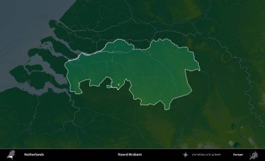 Hayır, Brabant. Hollanda 'nın idari alanı koyu renkli bir yükseklik haritasına vurgulandı ve özetlendi