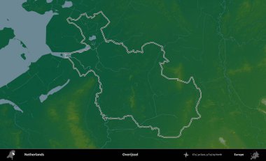 Overijssel. Hollanda 'nın idari bölgesi renkli bir yükseklik haritasında özetlendi