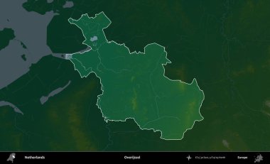 Overijssel. Hollanda 'nın idari alanı koyu renkli bir yükseklik haritasına vurgulandı ve özetlendi