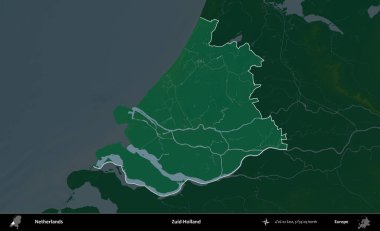 Zuid-Holland. Hollanda 'nın idari alanı koyu renkli bir yükseklik haritasına vurgulandı ve özetlendi