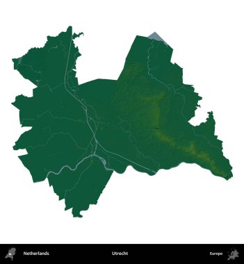 Utrecht. Hollanda 'nın idari bölgesi renkli bir yükseklik haritasında beyaz üzerine izole edilmiş