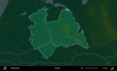 Utrecht. Hollanda 'nın idari alanı koyu renkli bir yükseklik haritasına vurgulandı ve özetlendi
