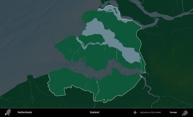 Zeeland. Hollanda 'nın idari alanı koyu renkli bir yükseklik haritasına vurgulandı ve özetlendi