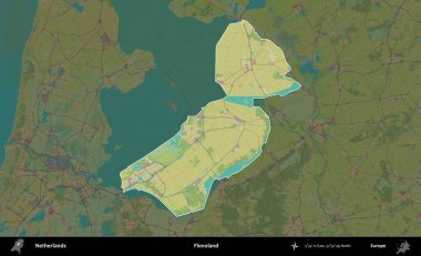 Flevoland. Hollanda 'nın idari alanı karartılmış Topografik İnsani Yardım Stili Haritasında vurgulandı ve özetlendi