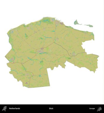 Sluis. Hollanda 'nın idari bölgesi Topografik İnsani Stil Haritasında beyaza izole edildi