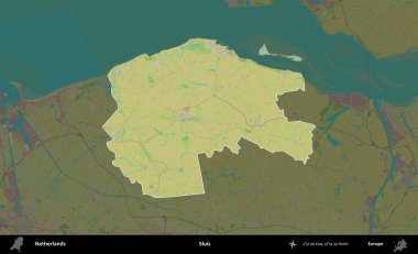 Sluis. Hollanda 'nın idari alanı karartılmış Topografik İnsani Yardım Stili Haritasında vurgulandı ve özetlendi