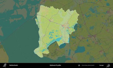 Sudwest-Fryslan. Hollanda 'nın idari alanı karartılmış Topografik İnsani Yardım Stili Haritasında vurgulandı ve özetlendi