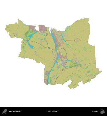 Terneuzen. Hollanda 'nın idari bölgesi Topografik İnsani Stil Haritasında beyaza izole edildi