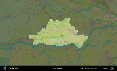 Batı Betuwe. Hollanda 'nın idari alanı karartılmış Topografik İnsani Yardım Stili Haritasında vurgulandı ve özetlendi