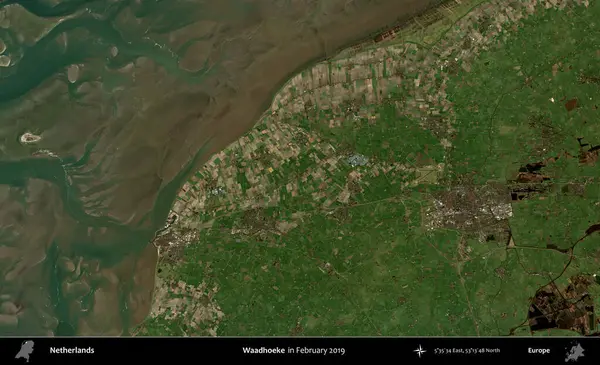Waadhoeke. Şubat 2019 'da çekilen Kopernik Nöbetçi karolarından oluşan uydu görüntüsü üzerinde Hollanda' nın idari bölgesi