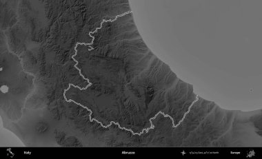 Abruzzo. İtalya 'nın idari bölgesi gri ölçekli bir yükselme haritasında özetlendi