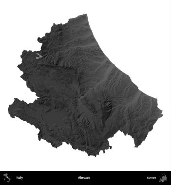 Abruzzo. İtalya 'nın idari bölgesi gri ölçekli yükseklik haritasında beyaza izole edildi