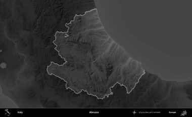 Abruzzo. İtalya 'nın idari alanı kararmış bir gri tonlama yükseklik haritasına vurgulandı ve özetlendi