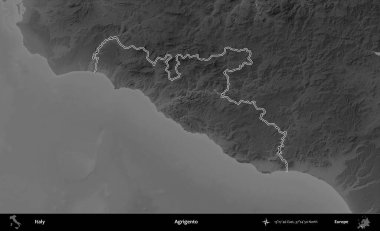 Agrigento. İtalya 'nın idari bölgesi gri ölçekli bir yükselme haritasında özetlendi