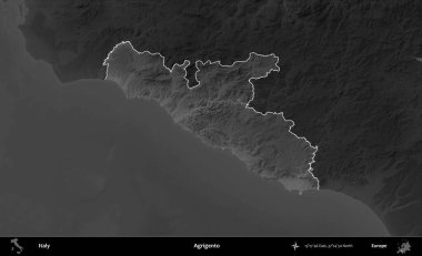 Agrigento. İtalya 'nın idari alanı kararmış bir gri tonlama yükseklik haritasına vurgulandı ve özetlendi