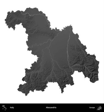 Alessandria. İtalya 'nın idari bölgesi gri ölçekli yükseklik haritasında beyaza izole edildi