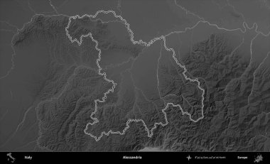Alessandria. İtalya 'nın idari bölgesi gri ölçekli bir yükselme haritasında özetlendi