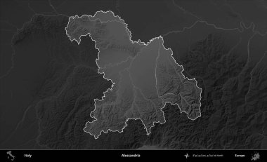 Alessandria. İtalya 'nın idari alanı kararmış bir gri tonlama yükseklik haritasına vurgulandı ve özetlendi