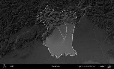 Pordenone. İtalya 'nın idari alanı kararmış bir gri tonlama yükseklik haritasına vurgulandı ve özetlendi