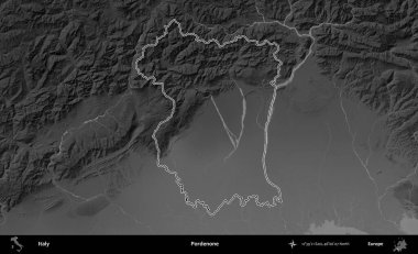 Pordenone. İtalya 'nın idari bölgesi gri ölçekli bir yükselme haritasında özetlendi