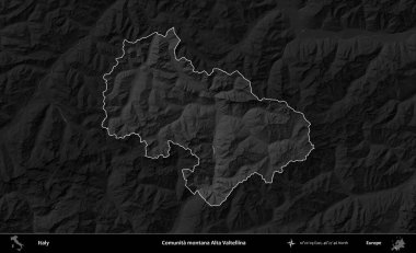 Comunita montana Alta Valtellina. İtalya 'nın idari alanı kararmış bir gri tonlama yükseklik haritasına vurgulandı ve özetlendi