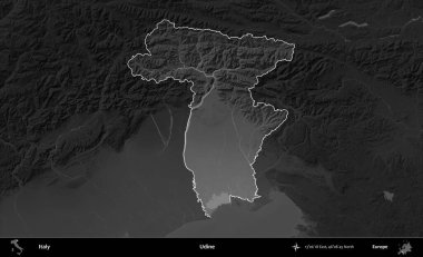 Udine. İtalya 'nın idari alanı kararmış bir gri tonlama yükseklik haritasına vurgulandı ve özetlendi