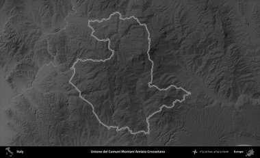 Unione dei Comuni Montani Amiata Grossetana. İtalya 'nın idari bölgesi gri ölçekli bir yükselme haritasında özetlendi