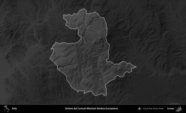Unione dei Comuni Montani Amiata Grossetana. İtalya 'nın idari alanı kararmış bir gri tonlama yükseklik haritasına vurgulandı ve özetlendi