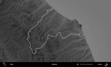 Ancona 'da. İtalya 'nın idari bölgesi gri ölçekli bir yükselme haritasında özetlendi
