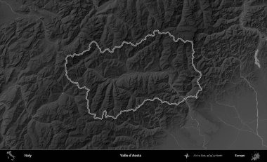 Valle d'Aosta. İtalya 'nın idari bölgesi gri ölçekli bir yükselme haritasında özetlendi