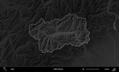 Valle d'Aosta. İtalya 'nın idari alanı kararmış bir gri tonlama yükseklik haritasına vurgulandı ve özetlendi