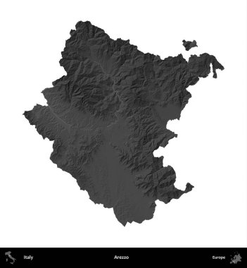 Arezzo. İtalya 'nın idari bölgesi gri ölçekli yükseklik haritasında beyaza izole edildi