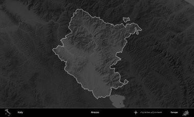 Arezzo. İtalya 'nın idari alanı kararmış bir gri tonlama yükseklik haritasına vurgulandı ve özetlendi
