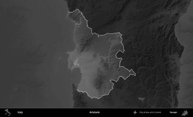Aristanis. İtalya 'nın idari alanı kararmış bir gri tonlama yükseklik haritasına vurgulandı ve özetlendi