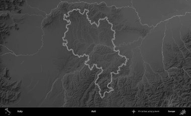 Asti. İtalya 'nın idari bölgesi gri ölçekli bir yükselme haritasında özetlendi